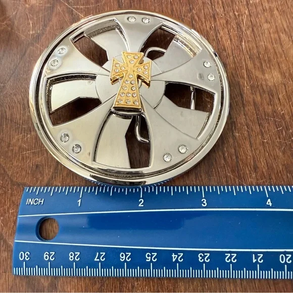 Y2K Spinner Cross Belt Buckle Silver Tone Chrome Rhinestone Metal Industrial l - Picture 8 of 10